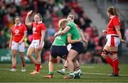 13 April 2024; Katie Corrigan of Ireland, celebrates with teammate Neve Jones, right, after scoring their side's fourth try during the Women's Six Nations Rugby Championship match between Ireland and Wales at Virgin Media Park in Cork. Photo by Brendan Moran/Sportsfile