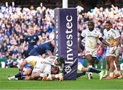 13 April 2024; Jamison Gibson-Park of Leinster scores his side's second try, which is subsequently dissallowed, during the Investec Champions Cup quarter-final match between Leinster and La Rochelle at the Aviva Stadium in Dublin. Photo by Sam Barnes/Sportsfile