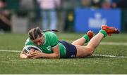 13 April 2024; Katie Corrigan of Ireland scores her side's fourth try during the Women's Six Nations Rugby Championship match between Ireland and Wales at Virgin Media Park in Cork.  Photo by Brendan Moran/Sportsfile