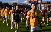 13 April 2024; Antrim captain Dermot McAleese leads his side in the pre-match parade before the Ulster GAA Football Senior Championship quarter-final match between Down and Antrim at Páirc Esler in Newry, Down. Photo by Ben McShane/Sportsfile