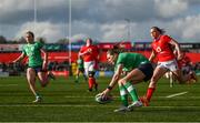 13 April 2024; Béibhinn Parsons of Ireland scores her side's fifth try during the Women's Six Nations Rugby Championship match between Ireland and Wales at Virgin Media Park in Cork. Photo by Brendan Moran/Sportsfile