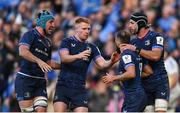 13 April 2024; Jamison Gibson-Park of Leinster, second from right, celebrates with team-mates, from left, Will Connors, Ciarán Frawley and Caelan Doris after scoring their side's second try during the Investec Champions Cup quarter-final match between Leinster and La Rochelle at the Aviva Stadium in Dublin. Photo by Sam Barnes/Sportsfile
