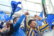 13 April 2024; Leinster supporters celebrate their side's second try, scored by Jamison Gibson-Park, during the Investec Champions Cup quarter-final match between Leinster and La Rochelle at the Aviva Stadium in Dublin. Photo by Ramsey Cardy/Sportsfile