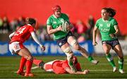 13 April 2024; Aoife Wafer of Ireland makes a break during the Women's Six Nations Rugby Championship match between Ireland and Wales at Virgin Media Park in Cork. Photo by Brendan Moran/Sportsfile