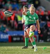 13 April 2024; Dannah O’Brien of Ireland kicks a conversion during the Women's Six Nations Rugby Championship match between Ireland and Wales at Virgin Media Park in Cork.  Photo by Brendan Moran/Sportsfile