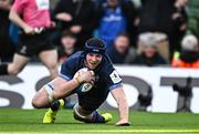 13 April 2024; Ryan Baird of Leinster dives over to score his side's third try  during the Investec Champions Cup quarter-final match between Leinster and La Rochelle at the Aviva Stadium in Dublin. Photo by Harry Murphy/Sportsfile