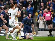 13 April 2024; Ryan Baird of Leinster celebrates after scoring his side's third try  during the Investec Champions Cup quarter-final match between Leinster and La Rochelle at the Aviva Stadium in Dublin. Photo by Harry Murphy/Sportsfile
