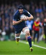 13 April 2024; Ryan Baird of Leinster on his way to scoring his side's third try during the Investec Champions Cup quarter-final match between Leinster and La Rochelle at the Aviva Stadium in Dublin. Photo by Ramsey Cardy/Sportsfile