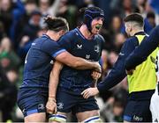 13 April 2024; Ryan Baird of Leinster celebrates with teammate James Lowe after scoring his side's third try  during the Investec Champions Cup quarter-final match between Leinster and La Rochelle at the Aviva Stadium in Dublin. Photo by Harry Murphy/Sportsfile