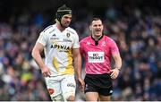 13 April 2024; Grégory Alldritt of La Rochelle and referee Karl Dickson during the Investec Champions Cup quarter-final match between Leinster and La Rochelle at the Aviva Stadium in Dublin. Photo by Ramsey Cardy/Sportsfile