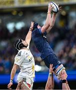 13 April 2024; Ryan Baird of Leinster wins possession in the lineout against Ultan Dillane of La Rochelle during the Investec Champions Cup quarter-final match between Leinster and La Rochelle at the Aviva Stadium in Dublin. Photo by Ramsey Cardy/Sportsfile