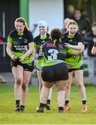 13 April 2024; Amelia Walsh of Portdara, right, celebrates with team-mate Clodagh Goulding after the Leinster Rugby Girl's U18 semi-final match between Naas and Portdara at Naas RFC in Kildare. Photo by Tyler Miller/Sportsfile