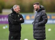 13 April 2024; Peamount United manager James O'Callaghan and Athlone Town manager Ciaran Kilduff, right, before the SSE Airtricity Women's Premier Division match between Athlone Town and Peamount United at Athlone Town Stadium in Westmeath. Photo by Stephen McCarthy/Sportsfile