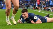 13 April 2024; Dan Sheehan of Leinster celebrates after scoring his side's third try during the Investec Champions Cup quarter-final match between Leinster and La Rochelle at the Aviva Stadium in Dublin. Photo by Ramsey Cardy/Sportsfile