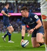 13 April 2024; Dan Sheehan of Leinster celebrates after scoring his side's fourth try during the Investec Champions Cup quarter-final match between Leinster and La Rochelle at the Aviva Stadium in Dublin. Photo by Ramsey Cardy/Sportsfile