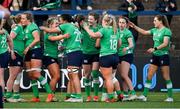 13 April 2024; Ireland players celebrate at the final whistle of the Women's Six Nations Rugby Championship match between Ireland and Wales at Virgin Media Park in Cork.  Photo by Brendan Moran/Sportsfile