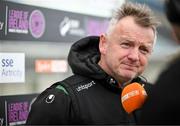 13 April 2024; Peamount United manager James O'Callaghan is interviewed by TG4 before the SSE Airtricity Women's Premier Division match between Athlone Town and Peamount United at Athlone Town Stadium in Westmeath. Photo by Stephen McCarthy/Sportsfile