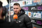 13 April 2024; Athlone Town manager Ciaran Kilduff is interviewed by TG4 before the SSE Airtricity Women's Premier Division match between Athlone Town and Peamount United at Athlone Town Stadium in Westmeath. Photo by Stephen McCarthy/Sportsfile
