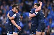 13 April 2024; Leinster players, from left, Jack Conan, Jamison Gibson-Park, Ciarán Frawley and Dan Sheehan celebrate after the Investec Champions Cup quarter-final match between Leinster and La Rochelle at the Aviva Stadium in Dublin. Photo by Ramsey Cardy/Sportsfile