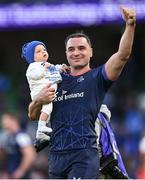 13 April 2024; James Lowe of Leinster with his son Nico after the Investec Champions Cup quarter-final match between Leinster and La Rochelle at the Aviva Stadium in Dublin. Photo by Ramsey Cardy/Sportsfile