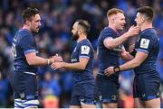 13 April 2024; Leinster players, from left, Jack Conan, Jamison Gibson-Park, Ciarán Frawley and Dan Sheehan celebrate after the Investec Champions Cup quarter-final match between Leinster and La Rochelle at the Aviva Stadium in Dublin. Photo by Ramsey Cardy/Sportsfile
