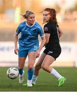 13 April 2024; Erin McLaughlin of Peamount United in action against Kate Slevin of Athlone Town during the SSE Airtricity Women's Premier Division match between Athlone Town and Peamount United at Athlone Town Stadium in Westmeath. Photo by Stephen McCarthy/Sportsfile