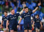 13 April 2024; Leinster players Tadhg Furlong, left, and Dan Sheehan after their side's victory  in the Investec Champions Cup quarter-final match between Leinster and La Rochelle at the Aviva Stadium in Dublin. Photo by Sam Barnes/Sportsfile