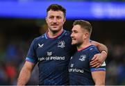 13 April 2024; Will Connors, left, and Jordan Larmour of Leinster after their side's victory  in  the Investec Champions Cup quarter-final match between Leinster and La Rochelle at the Aviva Stadium in Dublin. Photo by Sam Barnes/Sportsfile