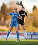 13 April 2024; Ellen Dolan of Peamount United in action against Jesi Lynne Rossman of Athlone Town during the SSE Airtricity Women's Premier Division match between Athlone Town and Peamount United at Athlone Town Stadium in Westmeath. Photo by Stephen McCarthy/Sportsfile