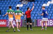 13 April 2024; Referee Jerome Henry shows the red card to James Kelly of Laois, 4, during the Leinster GAA Football Senior Championship quarter-final match between Offaly and Laois at Laois Hire O’Moore Park in Portlaoise, Laois. Photo by Piaras Ó Mídheach/Sportsfile