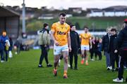 13 April 2024; Antrim captain Dermot McAleese reacts after his side's defeat in the Ulster GAA Football Senior Championship quarter-final match between Down and Antrim at Páirc Esler in Newry, Down. Photo by Ben McShane/Sportsfile