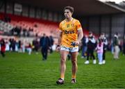 13 April 2024; Eoghan McCabe of Antrim reacts after his side's defeat in the Ulster GAA Football Senior Championship quarter-final match between Down and Antrim at Páirc Esler in Newry, Down. Photo by Ben McShane/Sportsfile