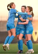 13 April 2024; Ellen Dolan, right, of Peamount United celebrates after scoring her side's first goal, a penalty, with team-mates Karen Duggan, centre, and Jessica Fitzgerald, left, during the SSE Airtricity Women's Premier Division match between Athlone Town and Peamount United at Athlone Town Stadium in Westmeath. Photo by Stephen McCarthy/Sportsfile