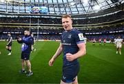 13 April 2024; Ciarán Frawley of Leinster after his side's victory in the Investec Champions Cup quarter-final match between Leinster and La Rochelle at the Aviva Stadium in Dublin. Photo by Harry Murphy/Sportsfile
