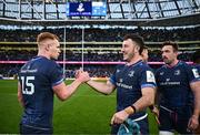 13 April 2024; Ciarán Frawley and Will Connors of Leinster after their side's victory in the Investec Champions Cup quarter-final match between Leinster and La Rochelle at the Aviva Stadium in Dublin. Photo by Harry Murphy/Sportsfile