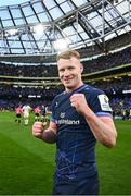 13 April 2024; Ciarán Frawley of Leinster after his side's victory in the Investec Champions Cup quarter-final match between Leinster and La Rochelle at the Aviva Stadium in Dublin. Photo by Harry Murphy/Sportsfile