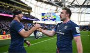 13 April 2024; Caelan Doris and Jack Conan of Leinster after their side's victory in the Investec Champions Cup quarter-final match between Leinster and La Rochelle at the Aviva Stadium in Dublin. Photo by Harry Murphy/Sportsfile