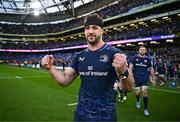 13 April 2024; Caelan Doris of Leinster after his side's victory in the Investec Champions Cup quarter-final match between Leinster and La Rochelle at the Aviva Stadium in Dublin. Photo by Harry Murphy/Sportsfile