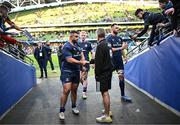 13 April 2024; La Rochelle head coach Ronan O'Gara shakes hands with Michael Milne of Leinster after the Investec Champions Cup quarter-final match between Leinster and La Rochelle at the Aviva Stadium in Dublin. Photo by Harry Murphy/Sportsfile