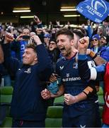 13 April 2024; Ross Byrne of Leinster, right, after his side's victory in the Investec Champions Cup quarter-final match between Leinster and La Rochelle at the Aviva Stadium in Dublin. Photo by Harry Murphy/Sportsfile