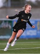 13 April 2024; Casey Howe of Athlone Town celebrates after scoring her side's first goalduring the SSE Airtricity Women's Premier Division match between Athlone Town and Peamount United at Athlone Town Stadium in Westmeath. Photo by Stephen McCarthy/Sportsfile