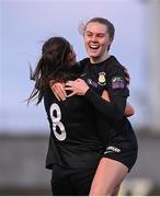 13 April 2024; Casey Howe of Athlone Town celebrates with team-mate Chloe Singleton, 8, after scoring her side's first goalduring the SSE Airtricity Women's Premier Division match between Athlone Town and Peamount United at Athlone Town Stadium in Westmeath. Photo by Stephen McCarthy/Sportsfile