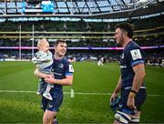 13 April 2024; Luke McGrath of Leinster with his son Bobby and Will Connors of Leinster after their side's victory in the Investec Champions Cup quarter-final match between Leinster and La Rochelle at the Aviva Stadium in Dublin. Photo by Harry Murphy/Sportsfile