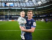 13 April 2024; Luke McGrath of Leinster with his son Bobby after their side's victory in the Investec Champions Cup quarter-final match between Leinster and La Rochelle at the Aviva Stadium in Dublin. Photo by Harry Murphy/Sportsfile