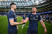 13 April 2024; Harry Byrne and Rónan Kelleher of Leinster after their side's victory in the Investec Champions Cup quarter-final match between Leinster and La Rochelle at the Aviva Stadium in Dublin. Photo by Harry Murphy/Sportsfile