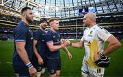 13 April 2024; Ciarán Frawley of Leinster shakes hands with Ultan Dillane of La Rochelle after the Investec Champions Cup quarter-final match between Leinster and La Rochelle at the Aviva Stadium in Dublin. Photo by Harry Murphy/Sportsfile