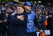 13 April 2024; Liam Turner and Garry Ringrose of Leinster after their side's victory in the Investec Champions Cup quarter-final match between Leinster and La Rochelle at the Aviva Stadium in Dublin. Photo by Harry Murphy/Sportsfile