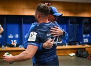 13 April 2024; Jordan Larmour of Leinster and Leinster senior coach Jacques Nienaber embrace after their side's victory in the Investec Champions Cup quarter-final match between Leinster and La Rochelle at the Aviva Stadium in Dublin. Photo by Harry Murphy/Sportsfile