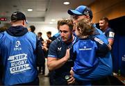 13 April 2024; Jordan Larmour of Leinster and Leinster backs coach Andrew Goodman after their side's victory in the Investec Champions Cup quarter-final match between Leinster and La Rochelle at the Aviva Stadium in Dublin. Photo by Harry Murphy/Sportsfile