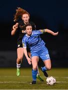 13 April 2024; Karen Duggan of Peamount United in action against Kate Slevin of Athlone Town during the SSE Airtricity Women's Premier Division match between Athlone Town and Peamount United at Athlone Town Stadium in Westmeath. Photo by Stephen McCarthy/Sportsfile